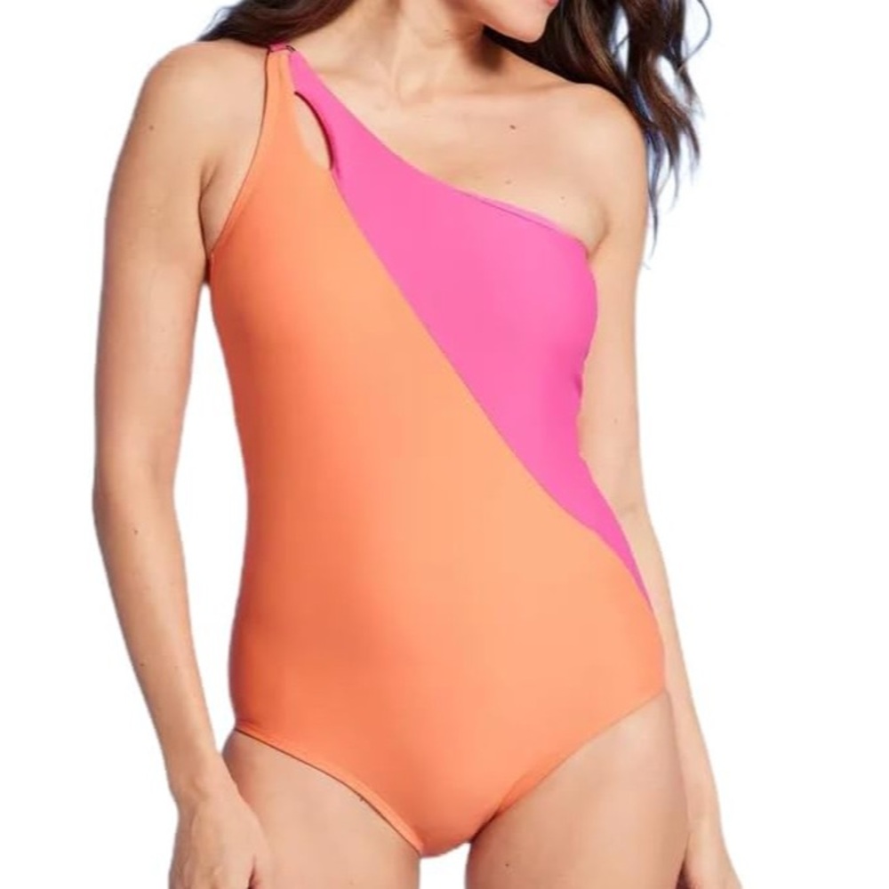Lands‎ End Orange & Magenta Pink One Shoulder Swimsuit